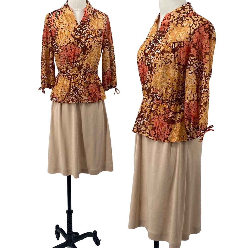 Vintage 70s Floral Print Dress Layered Peplum Bodice Fit & Flare Blouson XS